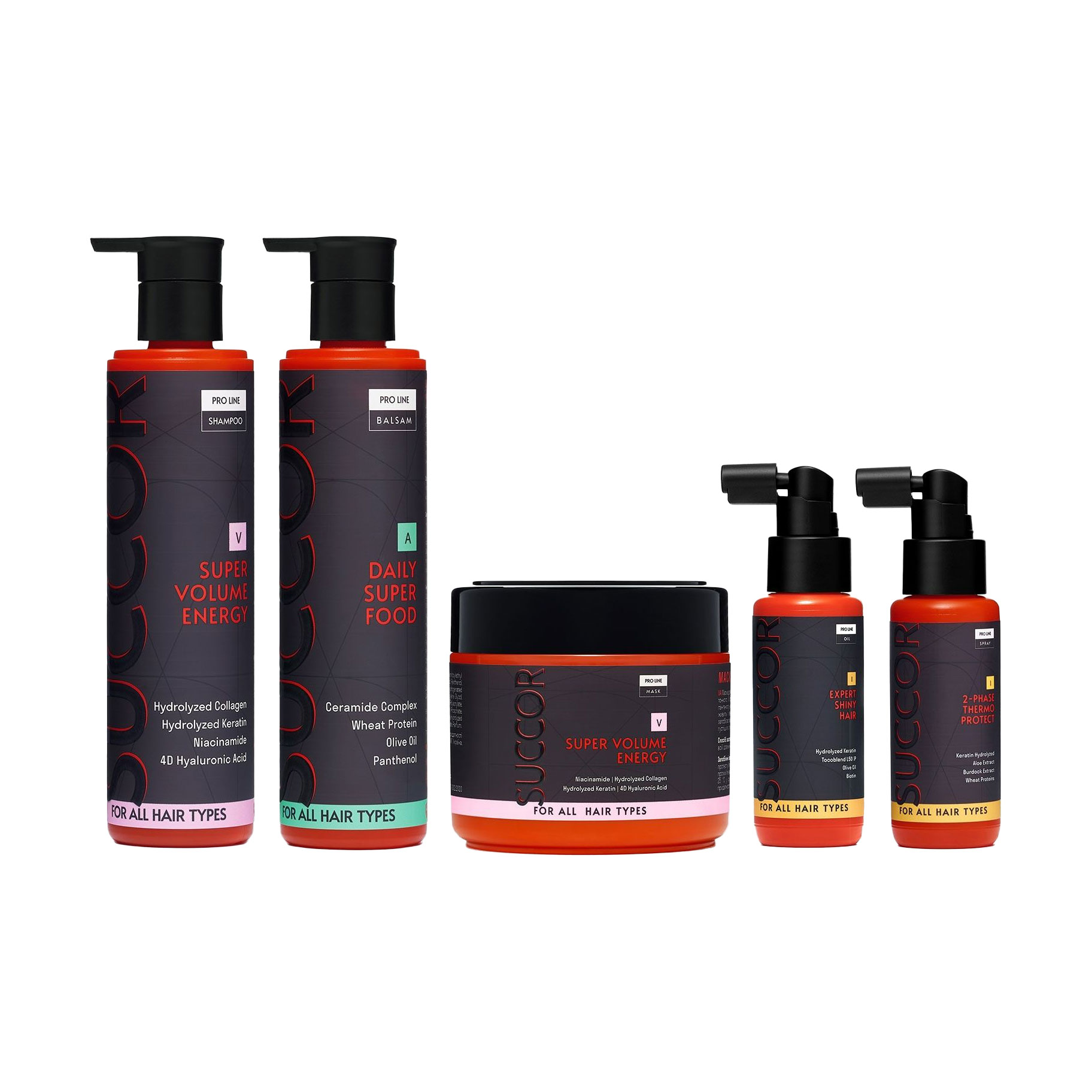 Набір для об'єму волосся без обтяження Succor FlyVolume Set (шампунь, 250 мл + бальзам, 250 мл + маска, 300 мл + спрей, 60 мл + олійка, 60 мл)